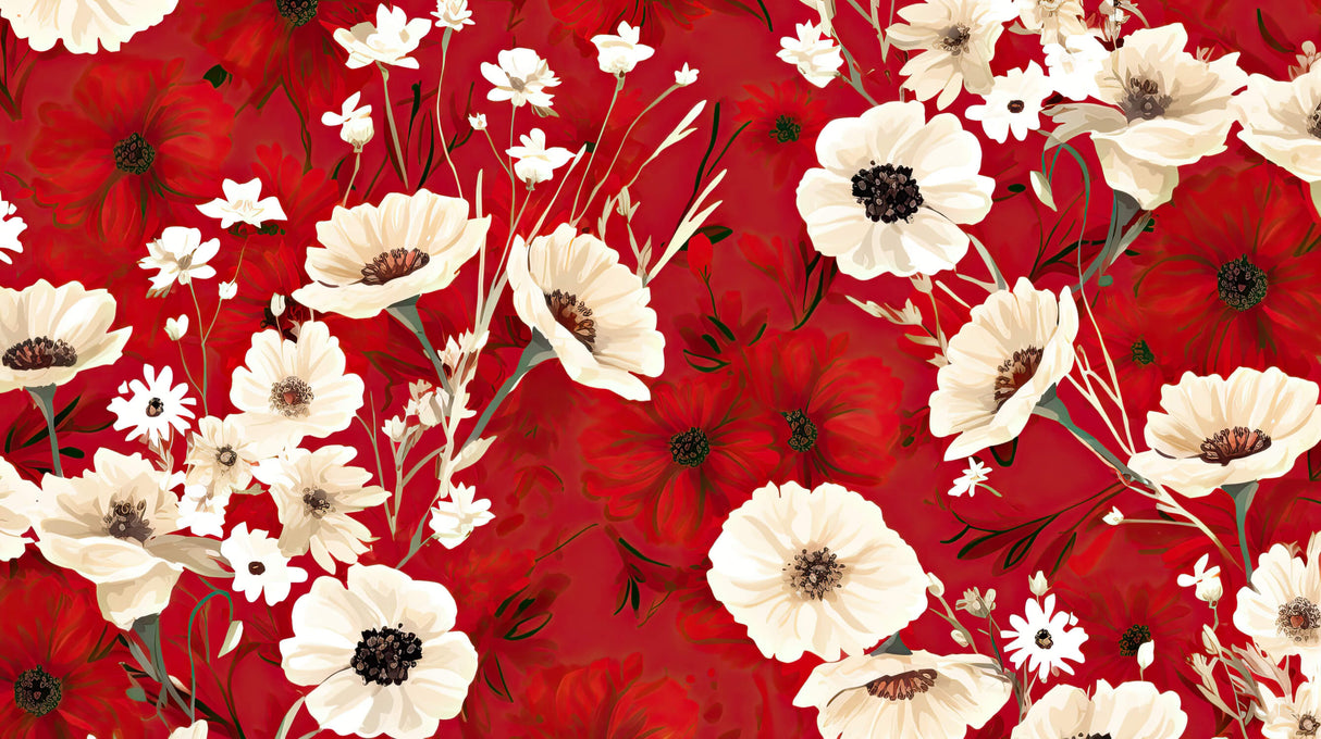 White poppies on red background design file showing intricate floral pattern