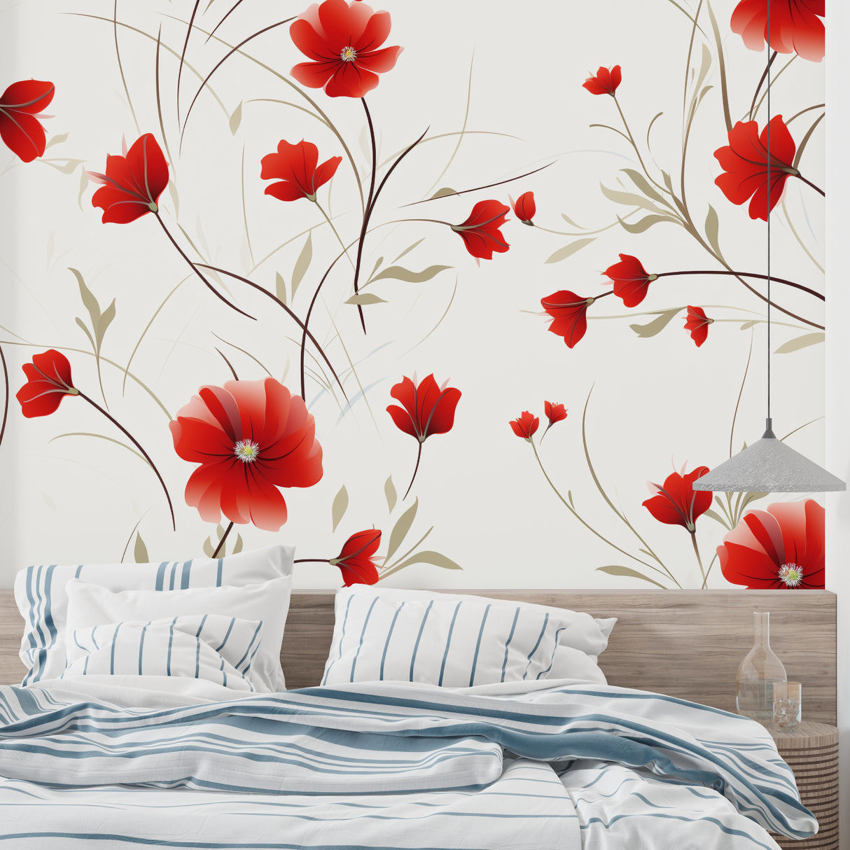 Red poppy floral wallpaper in bright modern living room creating fresh spring atmosphere