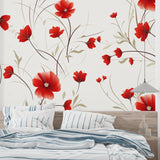 Red poppy floral wallpaper in bright modern living room creating fresh spring atmosphere