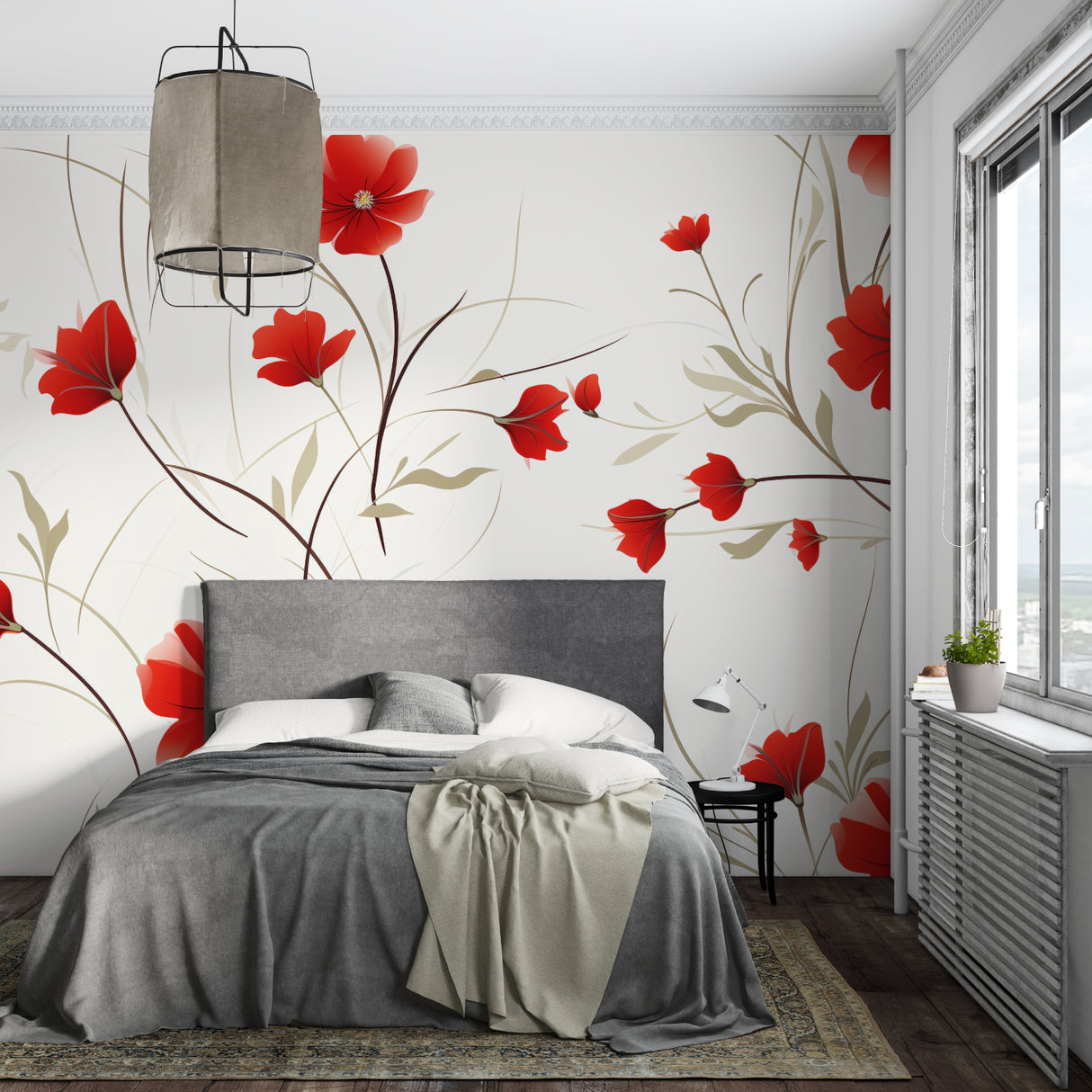 Botanical red poppy wall mural bringing color to minimalist dining space