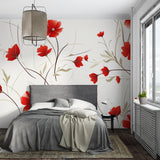 Botanical red poppy wall mural bringing color to minimalist dining space