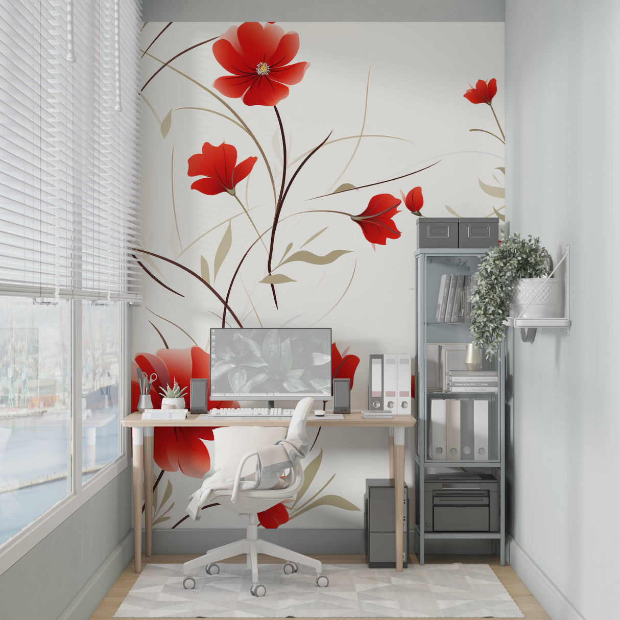 Red and white floral wallpaper making statement in contemporary bedroom