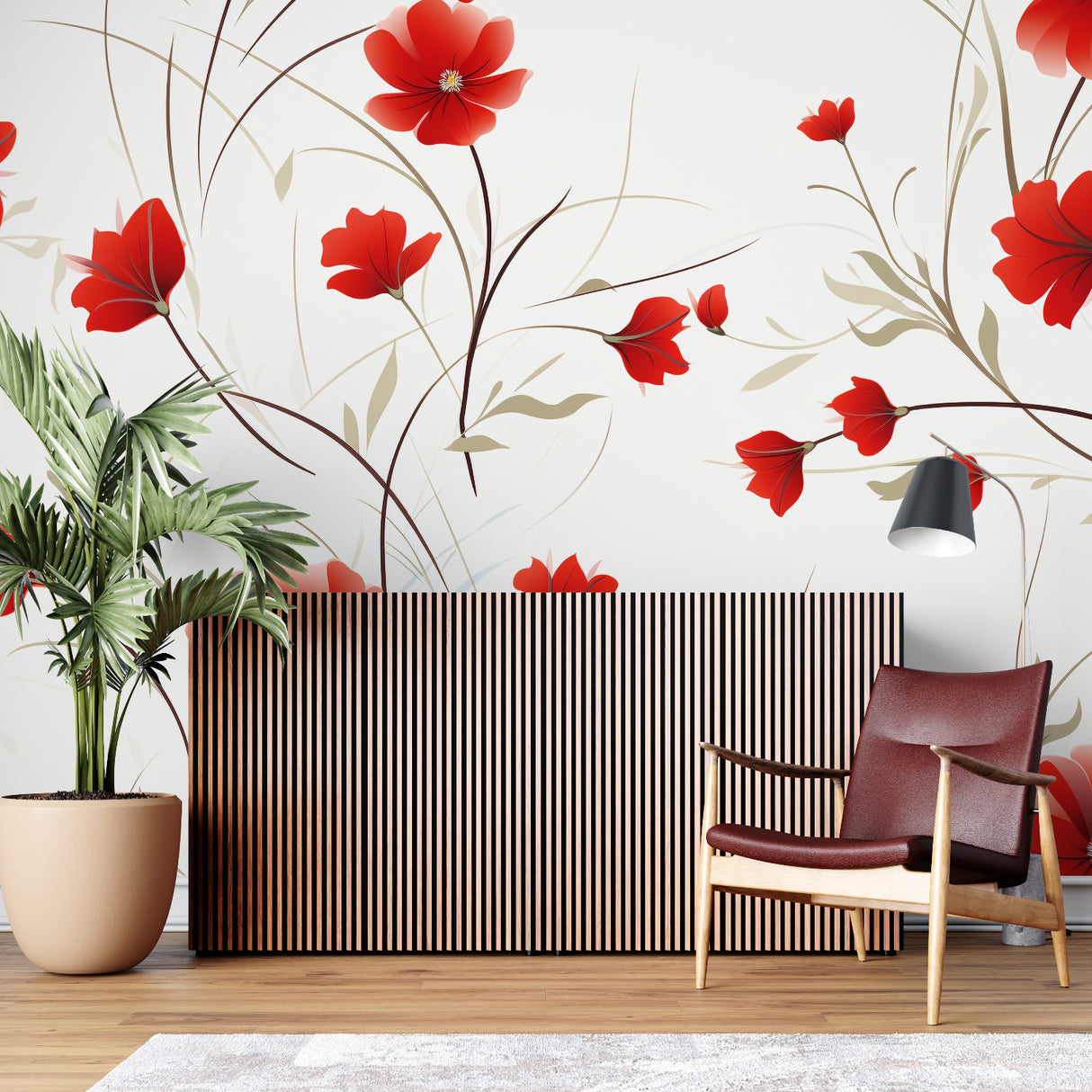 Poppy flower mural wallpaper transforming home office with natural beauty
