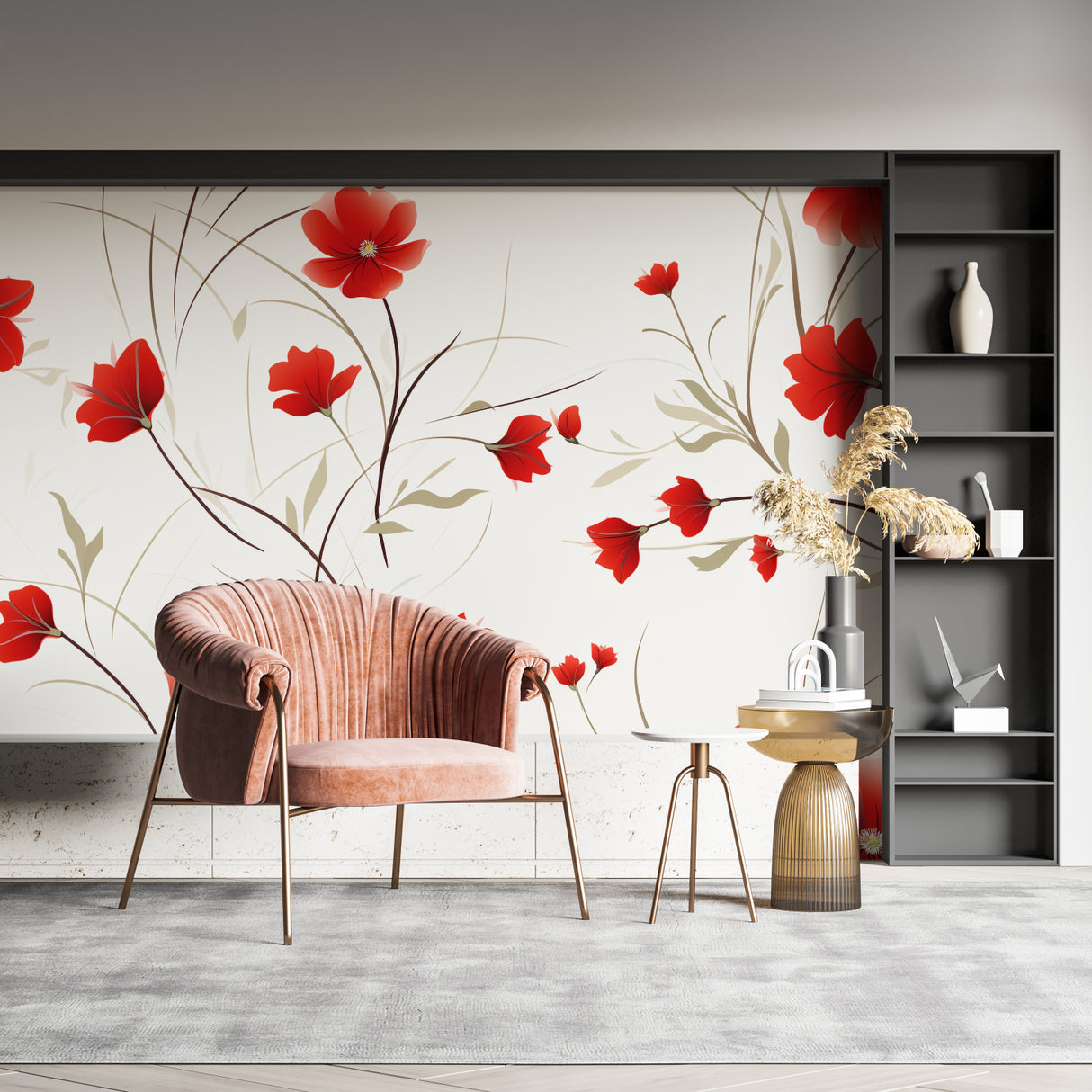 Red poppy wall design adding charm to neutral hallway space