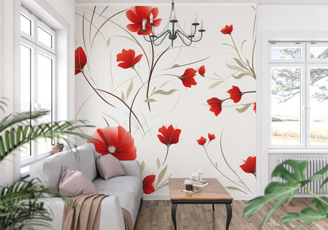 Red Poppies Wallpaper Mural in bright modern living room, showing scale of floral pattern