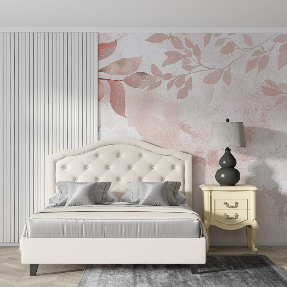 Rose gold leaf wallpaper creating a warm glow in a modern living room with grey furniture
