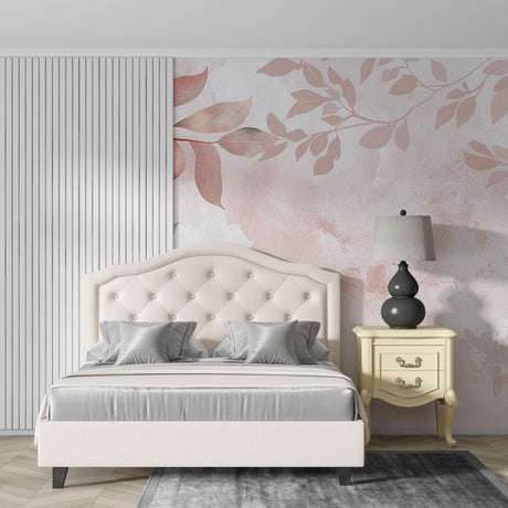 Rose gold leaf wallpaper creating a warm glow in a modern living room with grey furniture