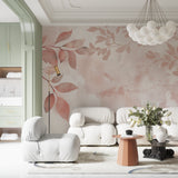 Metallic botanical wallpaper brightening a master bedroom with morning light