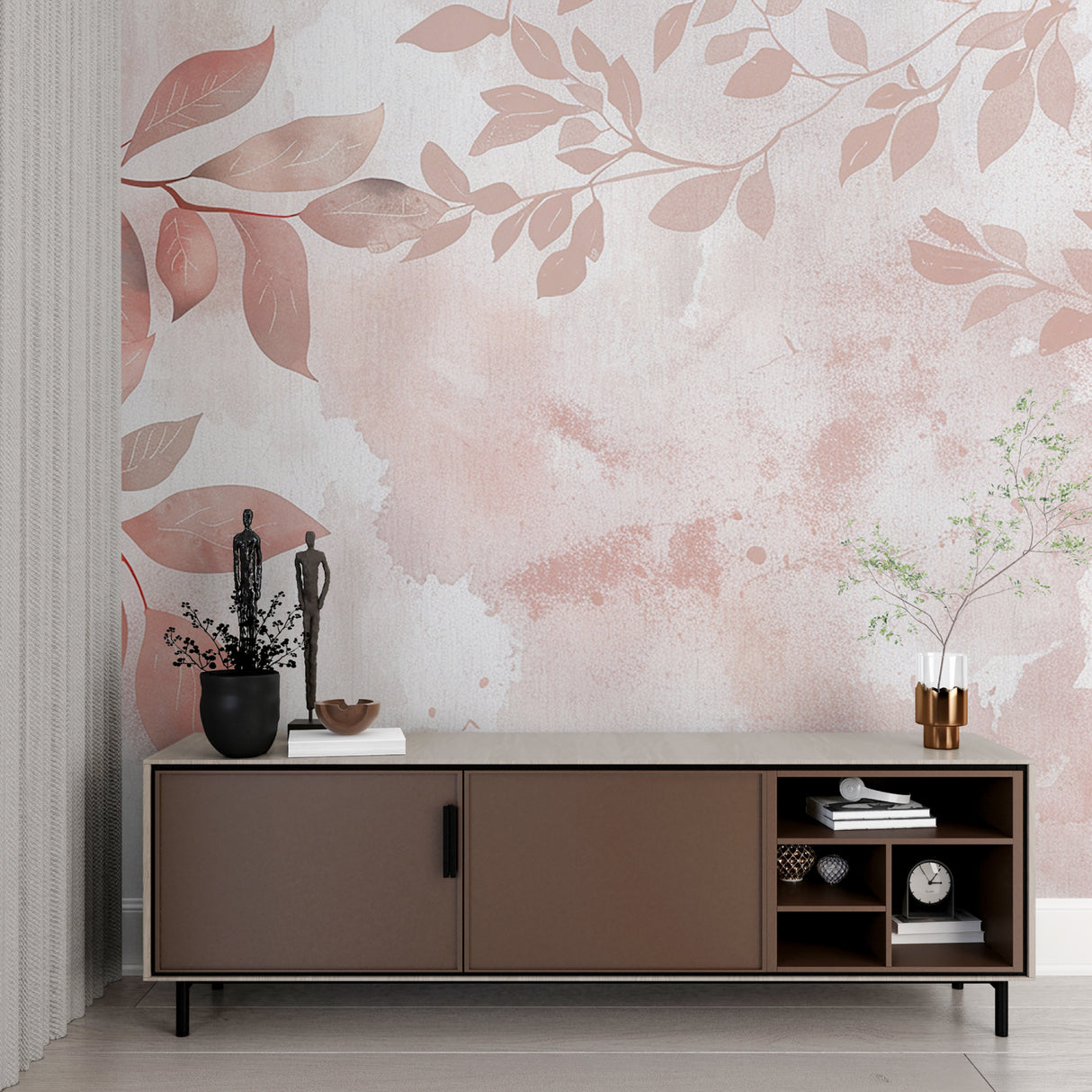 Rose gold leaf mural adding elegance to a dining room accent wall