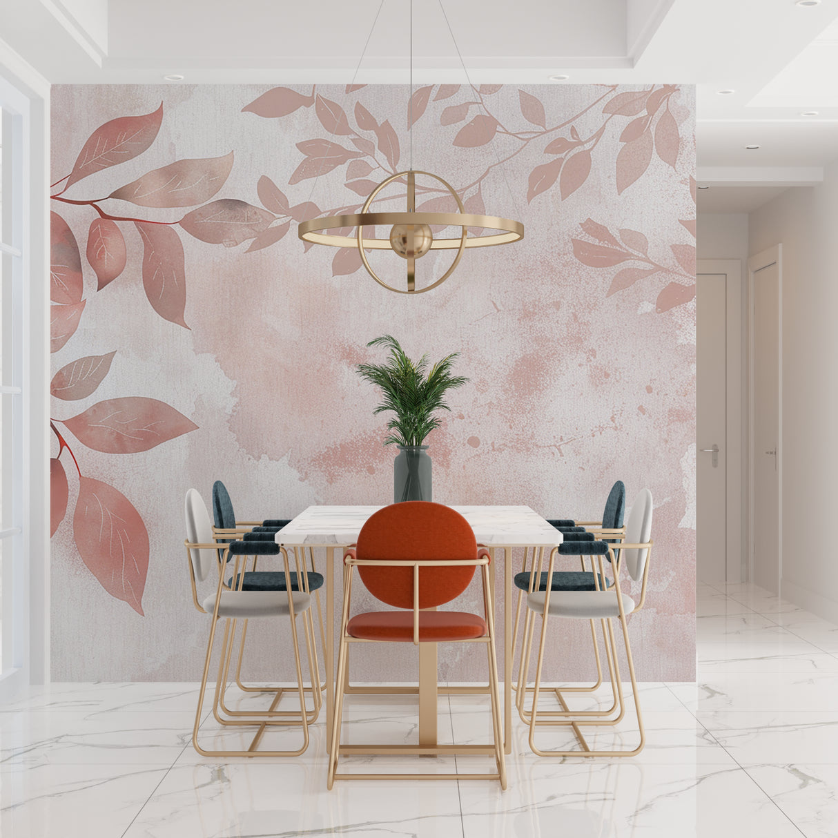 Botanical wallpaper pattern creating depth in a hallway space