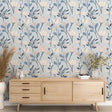 Scandinavian floral wallpaper in modern living room, blue and pink blooms create a fresh spring atmosphere