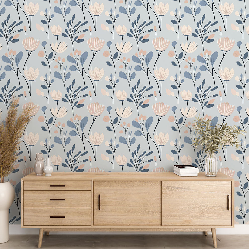 Scandinavian floral wallpaper in modern living room, blue and pink blooms create a fresh spring atmosphere