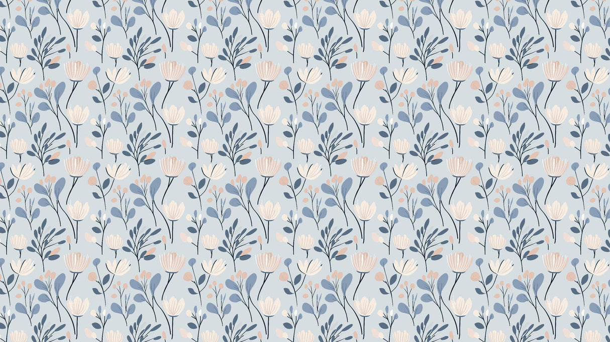 Scandinavian blue and pink floral wallpaper design file showing intricate bloom pattern