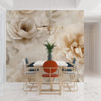 Beige rose wallpaper mural in a bright living room creating an elegant backdrop for modern furniture