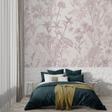 Mauve botanical wallpaper bringing elegance to dining room with crystal chandelier