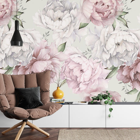 Pink Peony Wallpaper transforms a bright modern bedroom with soft floral beauty