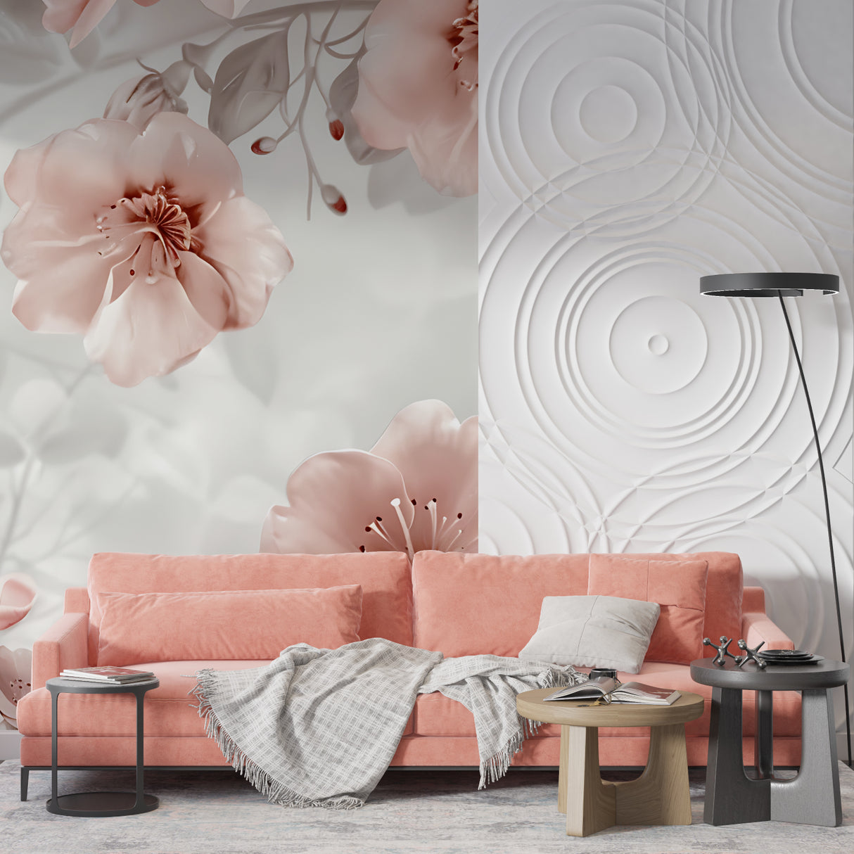 Botanical wall mural adding soft elegance to a dining room with grey accents