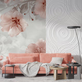 Botanical wall mural adding soft elegance to a dining room with grey accents
