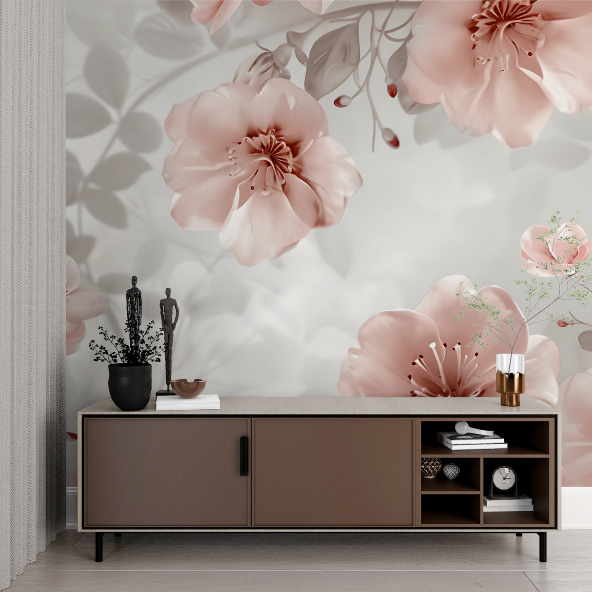 Floral wall design brightening a home office with blush pink blooms