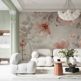 Botanical wallpaper transforming an entrance hall with soft pink flowers