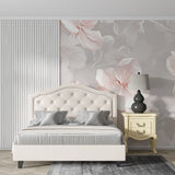 Zen meditation room featuring soft pink floral wall mural with wave patterns