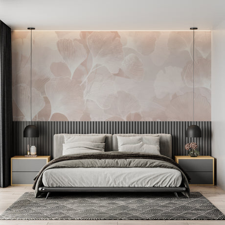 Pink Ginkgo leaves wallpaper in modern Scandinavian bedroom creating a peaceful atmosphere