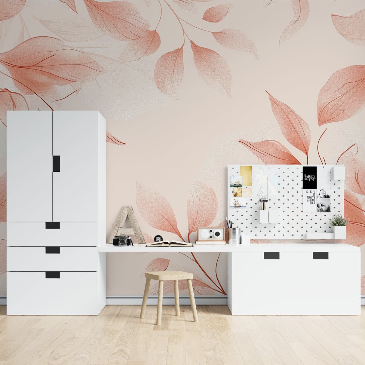 Pink floral wallpaper mural bringing life to a bright modern living room with natural light