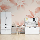 Pink floral wallpaper mural bringing life to a bright modern living room with natural light