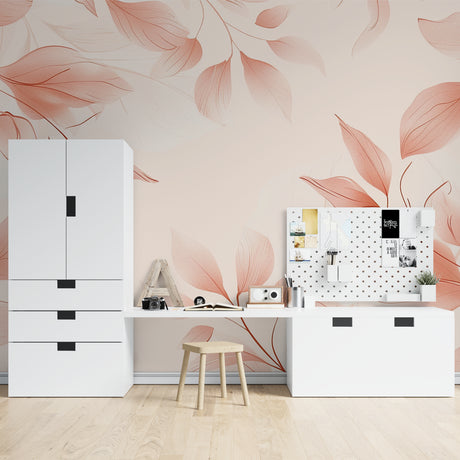 Pink floral wallpaper mural bringing life to a bright modern living room with natural light