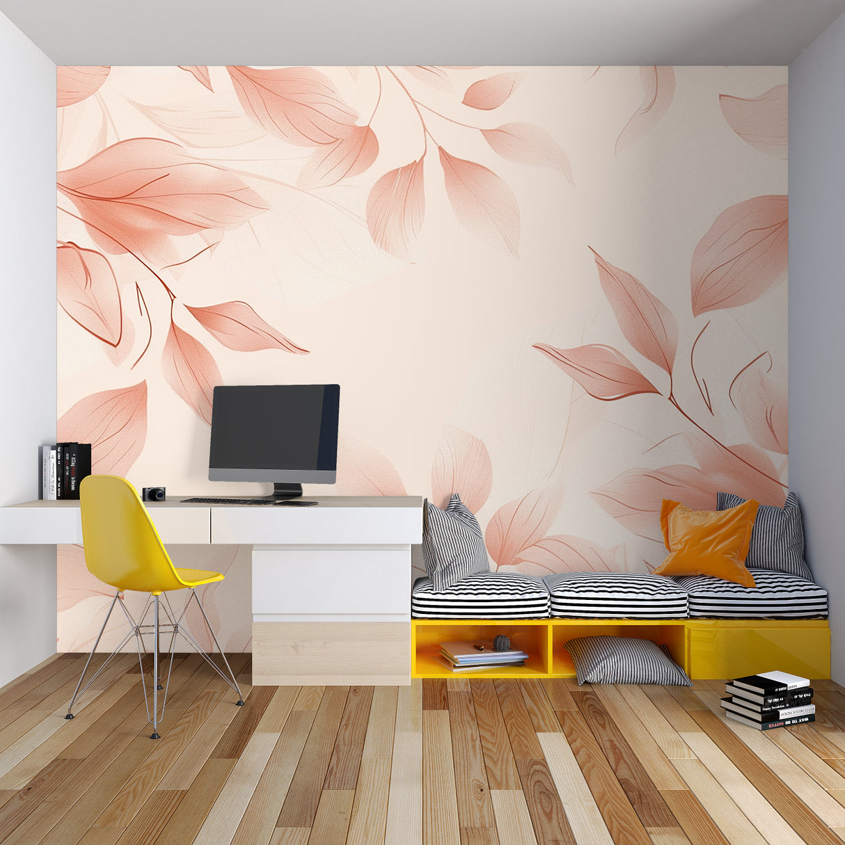 Soft pink leaf pattern wallpaper creating a peaceful atmosphere in a master bedroom