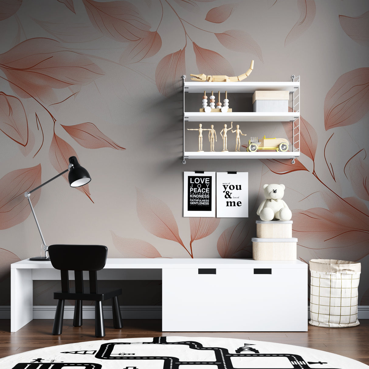Botanical wall mural showcased in a minimalist home office space