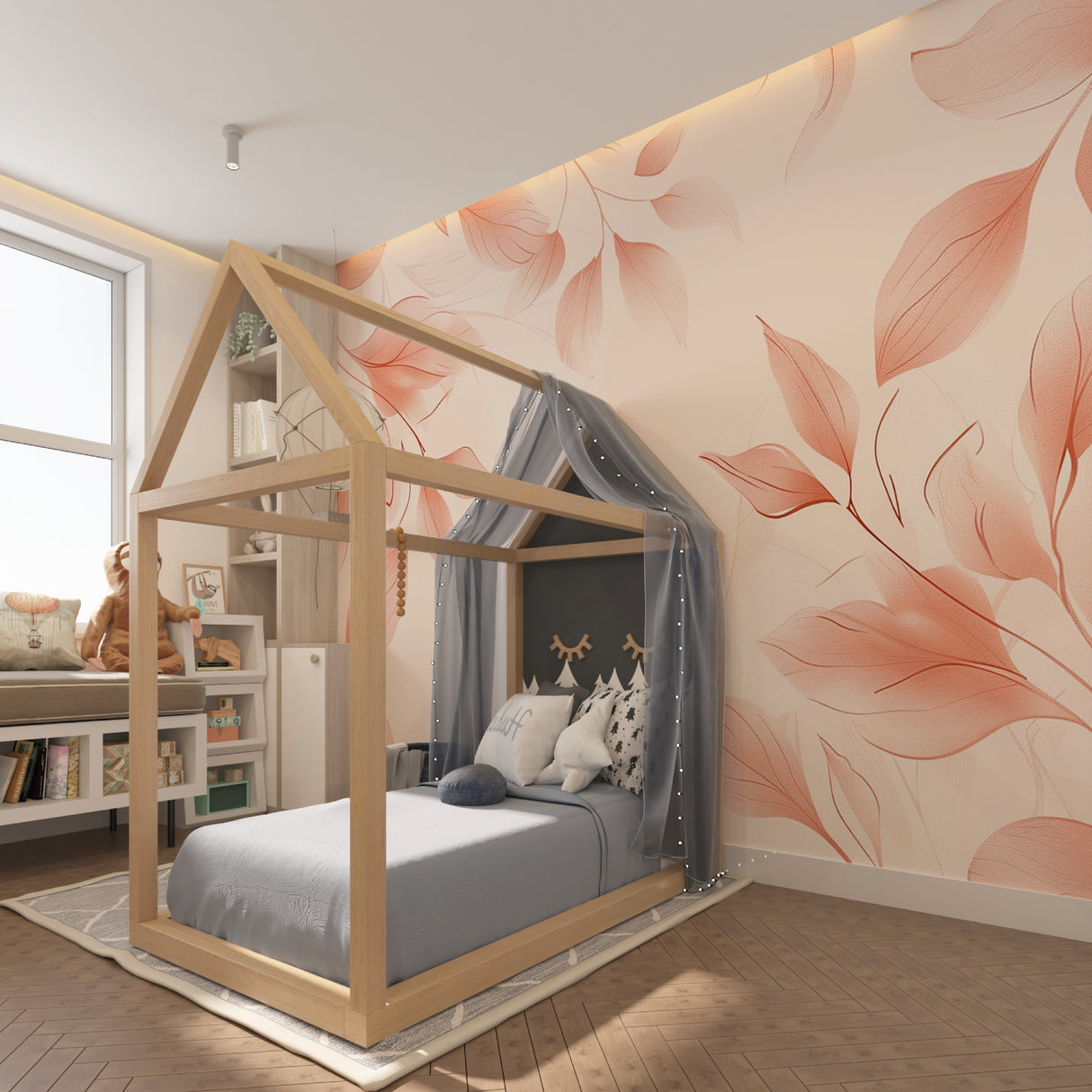 Pink leaf wallpaper design adding elegance to a dining room setting