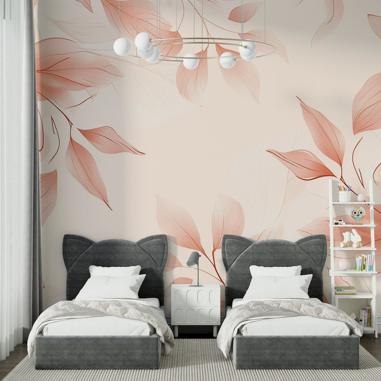Modern floral wall mural creating depth in a cozy reading nook