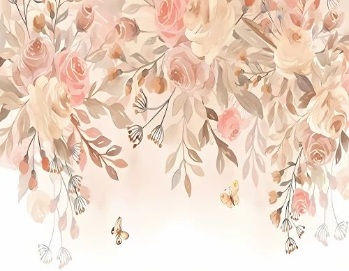 Design file of pink roses and golden butterflies pattern on light background