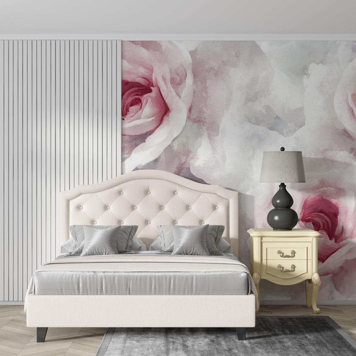 Home office with pink floral wallpaper bringing fresh garden vibes indoors