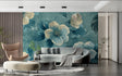 Teal floral wallpaper mural in modern living room showing large cream blooms against deep teal background