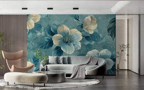 Teal floral wallpaper mural in modern living room showing large cream blooms against deep teal background