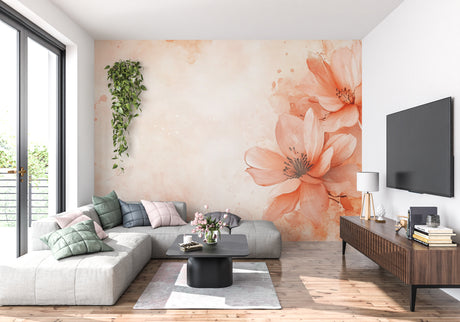 Watercolor floral wallpaper in modern living room with natural light highlighting terracotta blooms
