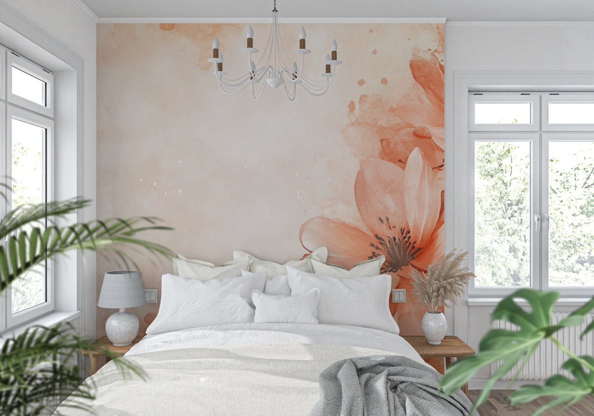 Terracotta floral mural creating soft atmosphere in master bedroom