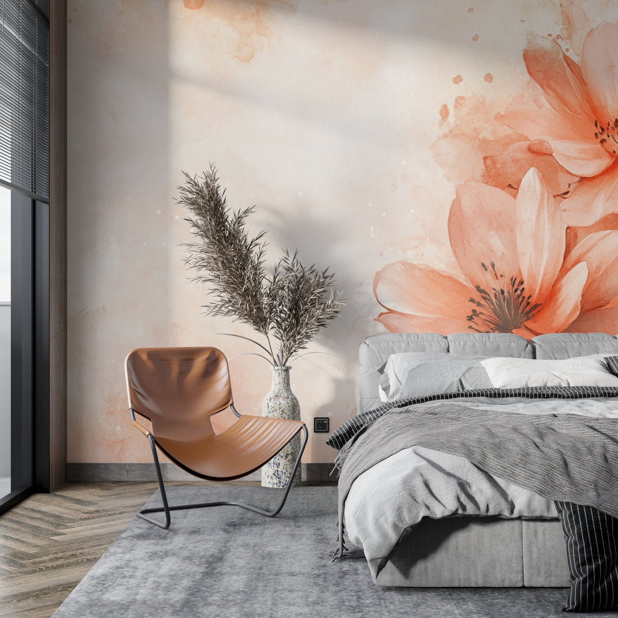 Watercolor bloom wallpaper in home office with minimal furniture