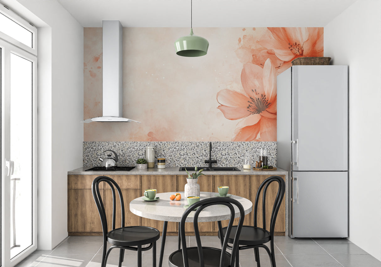 Floral wall mural adding warmth to dining room with pendant lighting