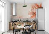 Floral wall mural adding warmth to dining room with pendant lighting