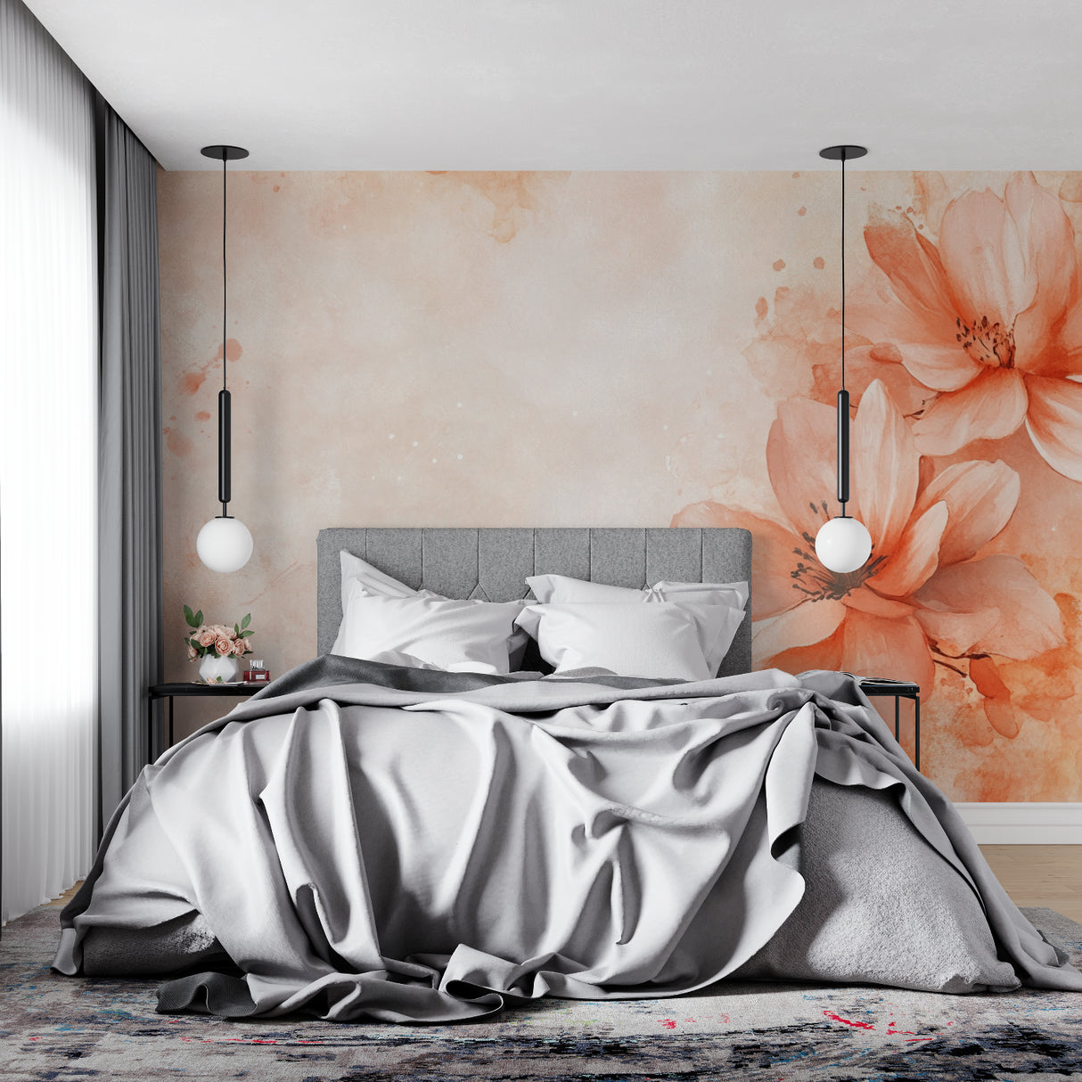 Terracotta watercolor wallpaper in bright hallway setting