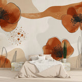 Terracotta floral wallpaper creating a peaceful atmosphere in a modern living room with natural light