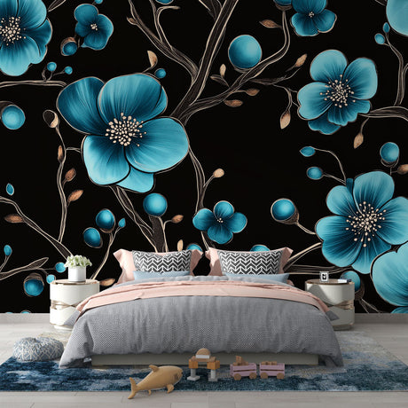 Turquoise Floral Wallpaper creating a stunning accent wall in a modern living room with gray furniture