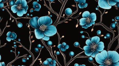 Black and turquoise floral wallpaper design file showing intricate bloom pattern and rich color detail
