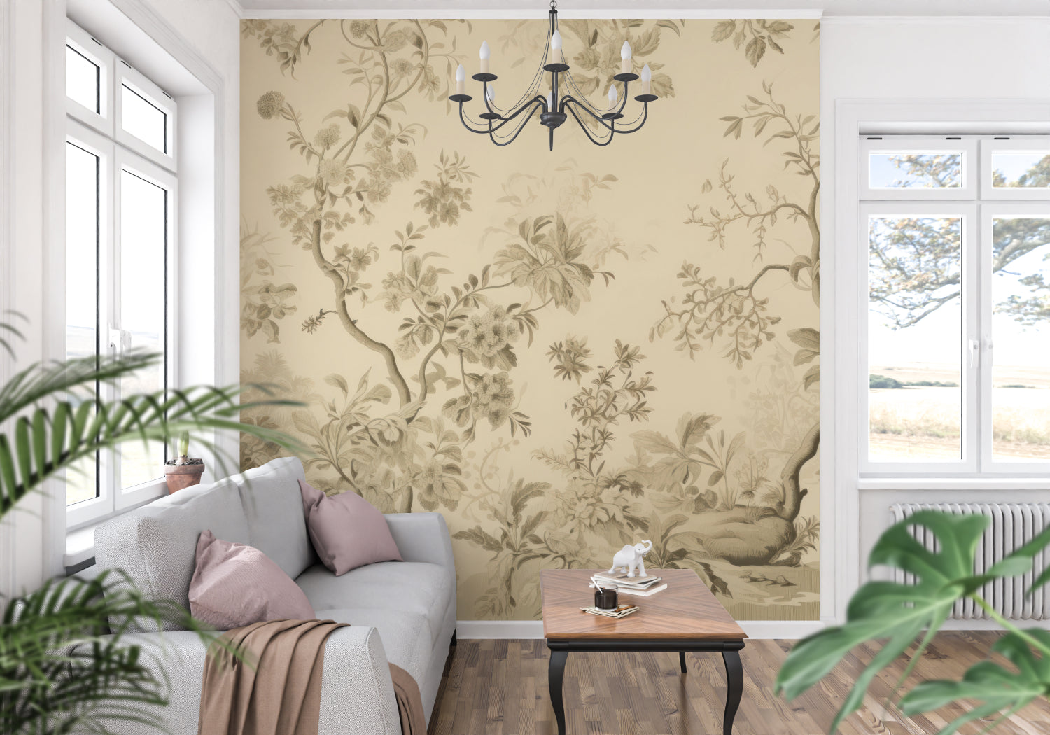 Beige floral wallpaper creating warmth in a modern home office setting