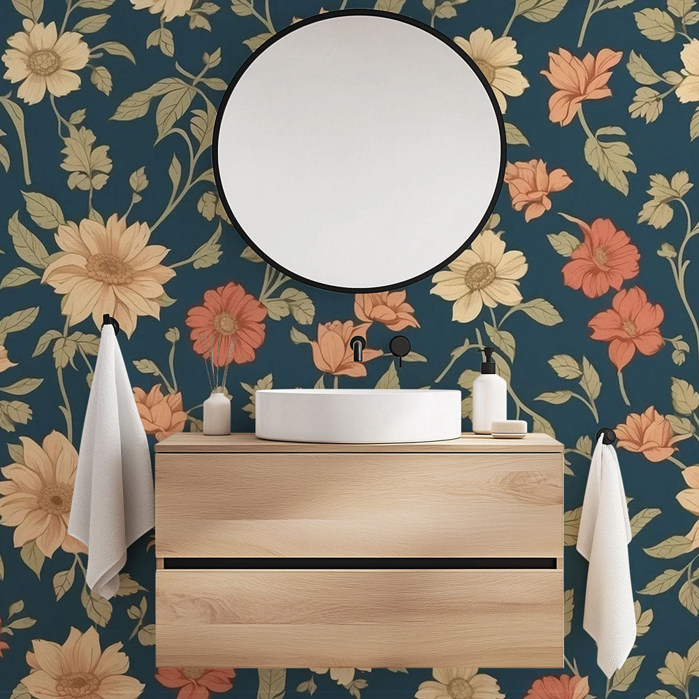 Vintage floral wallpaper design file showing detailed peach dahlias and sage leaves on midnight blue background, perfect for wall decoration