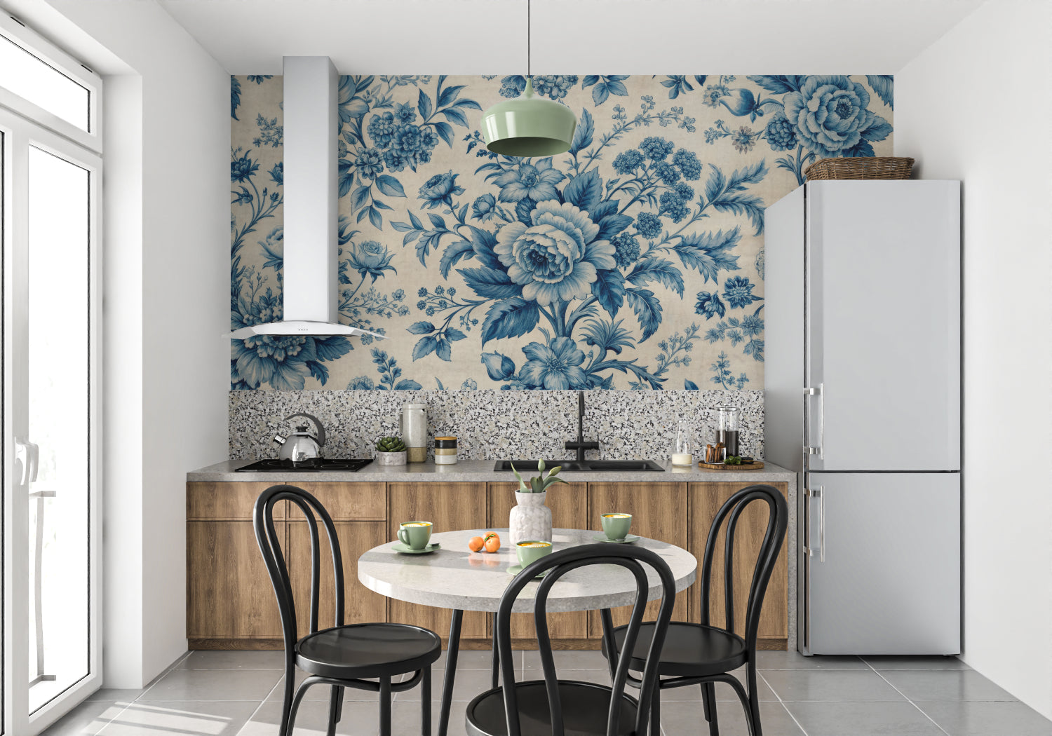 Master bedroom with soft blue floral wallpaper creating a peaceful atmosphere