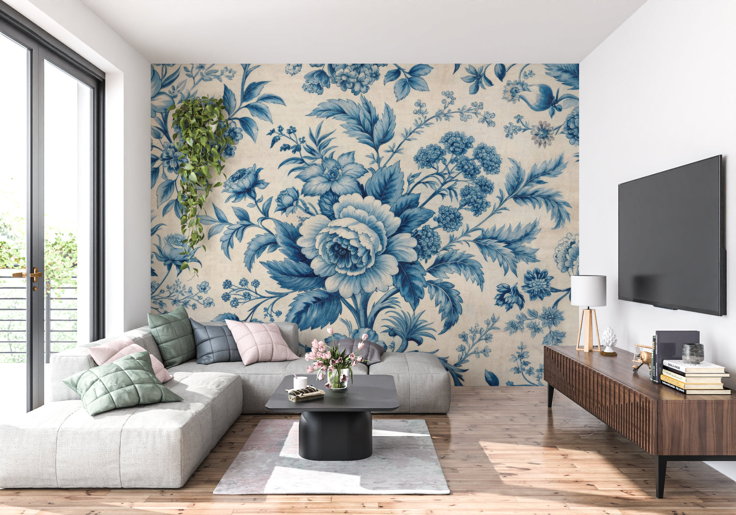 Entryway decorated with blue and beige botanical wallpaper making a statement